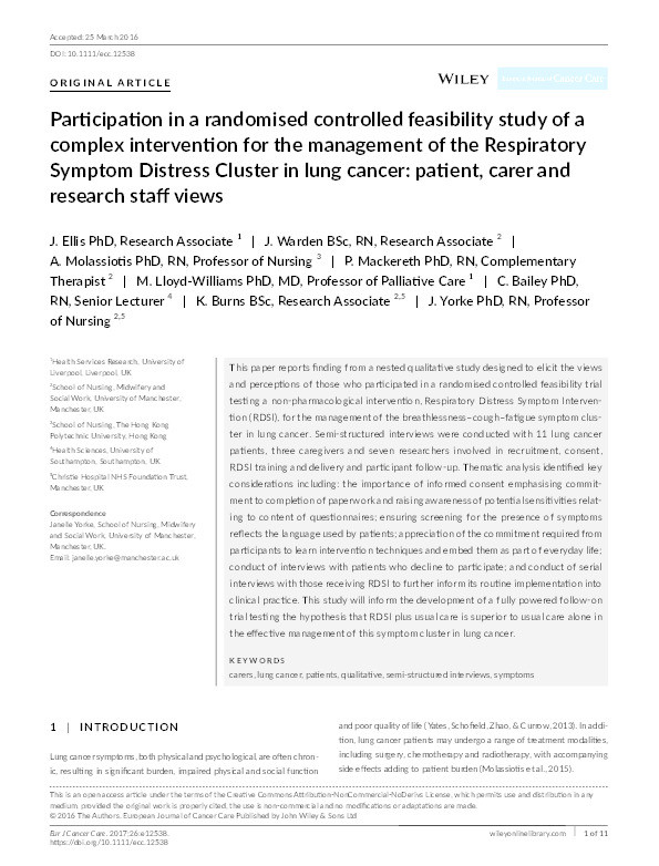 Participation in a randomised controlled feasibility study of a complex intervention for the management of the Respiratory Symptom Distress Cluster in lung cancer: patient, carer and research staff views Thumbnail