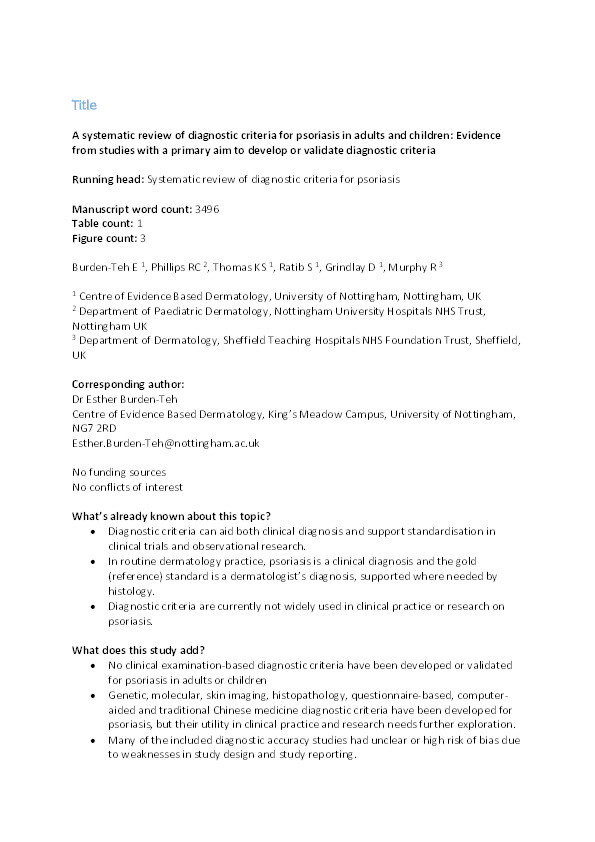 A systematic review of diagnostic criteria for psoriasis in adults and children: evidence from studies with a primary aim to develop or validate diagnostic criteria Thumbnail