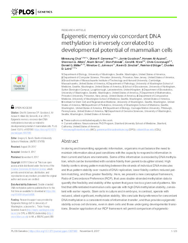 Epigenetic memory via concordant DNA methylation is inversely correlated to developmental potential of mammalian cells Thumbnail