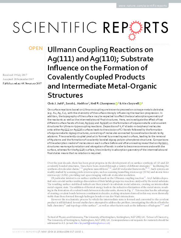 Ullmann coupling reactions on Ag(111) and Ag(110); substrate influence on the formation of covalently coupled products and intermediate metal-organic structures Metal-Organic Structures Thumbnail