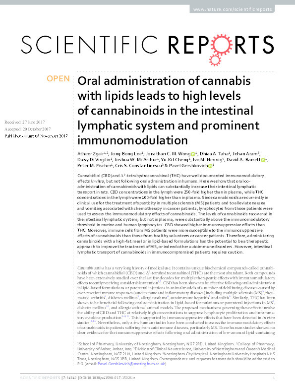 Oral administration of cannabis with lipids leads to high levels of cannabinoids in the intestinal lymphatic system and prominent immunomodulation Thumbnail