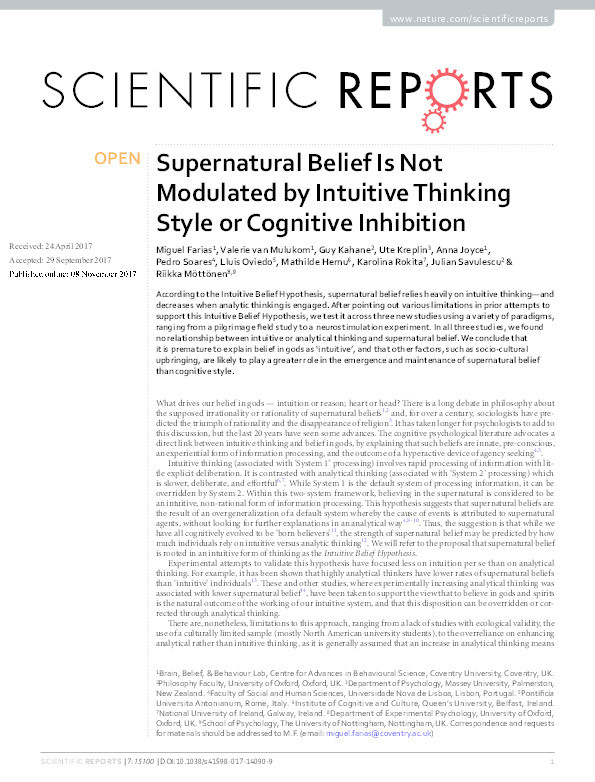 Supernatural belief is not modulated by intuitive thinking style or cognitive inhibition Thumbnail