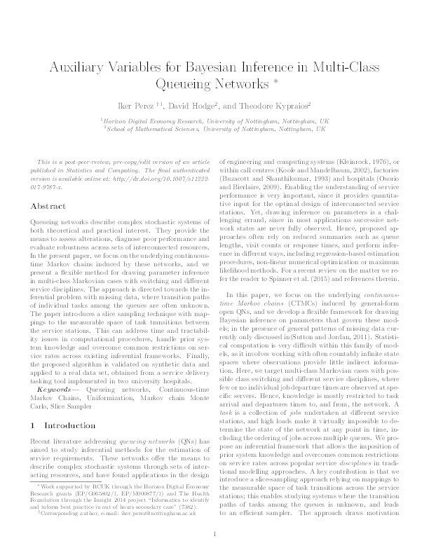 Auxiliary variables for Bayesian inference in multi-class queueing networks Thumbnail