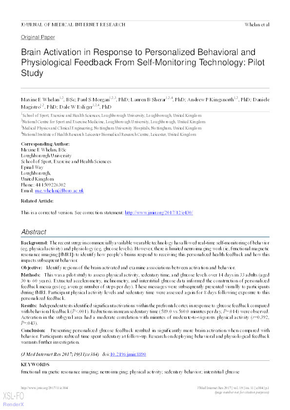 Brain Activation in Response to Personalized Behavioral and Physiological Feedback From Self-Monitoring Technology: Pilot Study Thumbnail