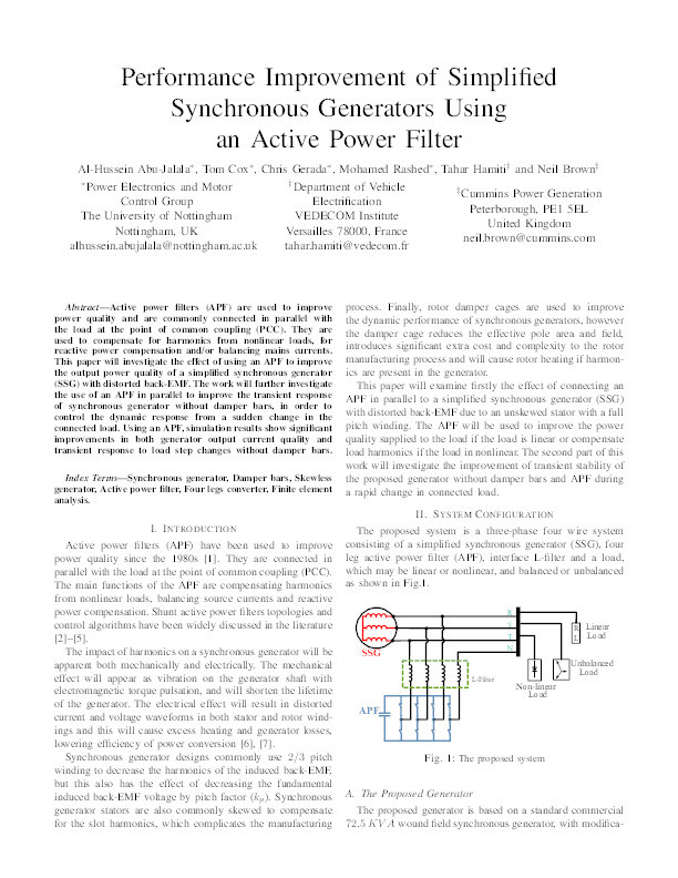 Performance improvement of simplified synchronous generators using an active power filter Thumbnail
