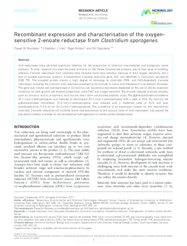 Recombinant expression and characterisation of the oxygen-sensitive 2-enoate reductase from Clostridium sporogenes Thumbnail