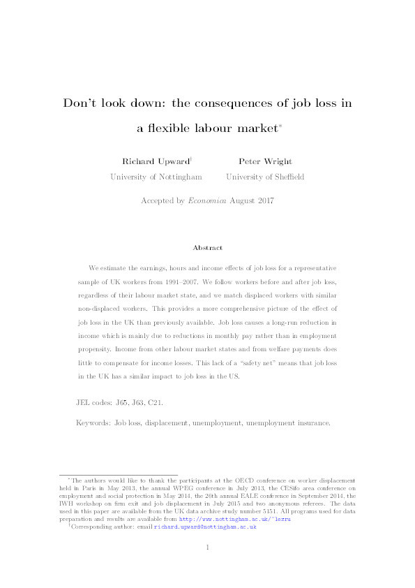 Don't look down: the consequences of job loss in a flexible labour market Thumbnail