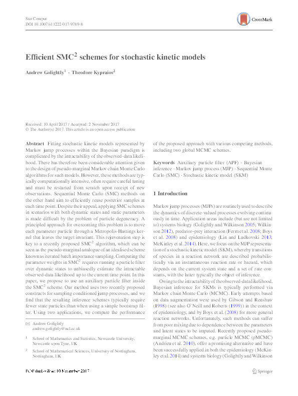 Efficient SMC2 schemes for stochastic kinetic models Thumbnail