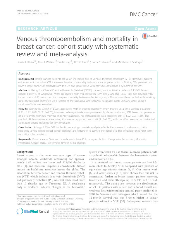 Venous thromboembolism and mortality in breast cancer: cohort study with systematic review and meta-analysis Thumbnail