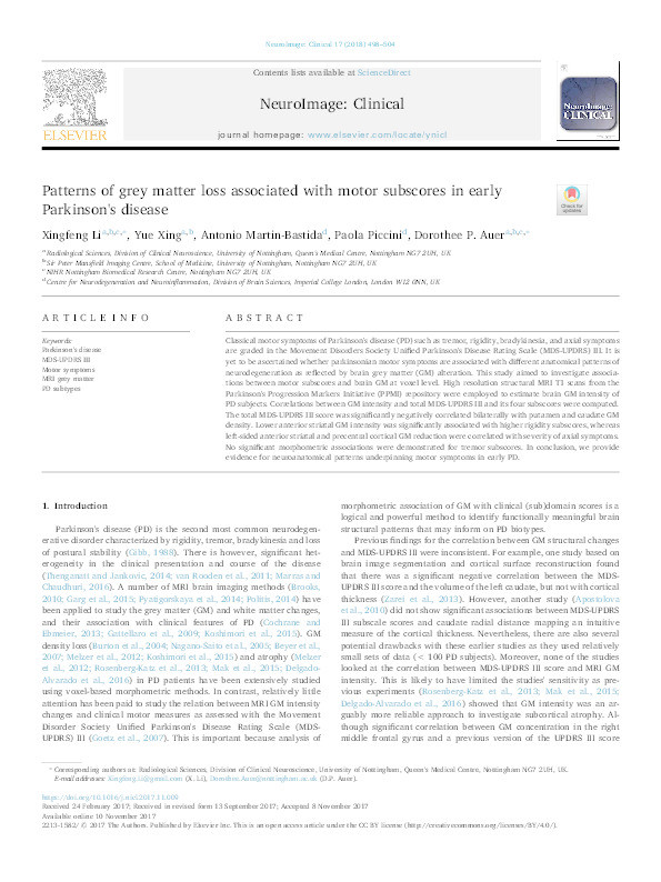 Patterns of grey matter loss associated with motor subscores in early Parkinson's disease Thumbnail