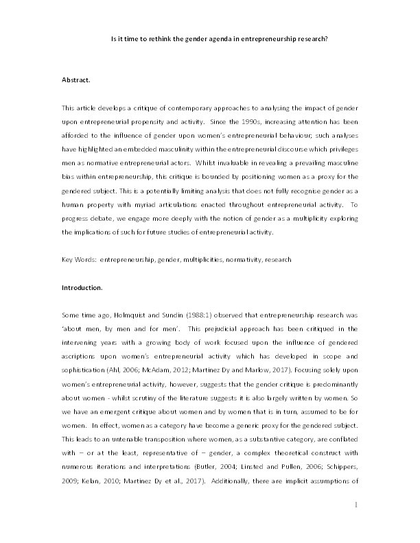 Annual review article: Is it time to rethink the gender agenda in entrepreneurship research? Thumbnail