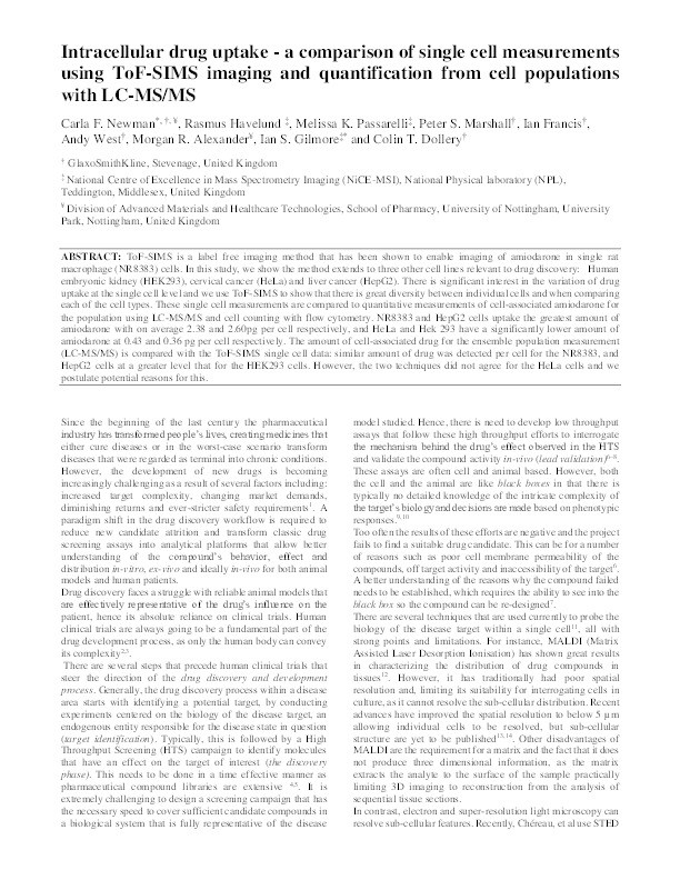 Intracellular drug uptake: a comparison of single cell measurements using ToF-SIMS imaging and quantification from cell populations with LC/MS/MS Thumbnail