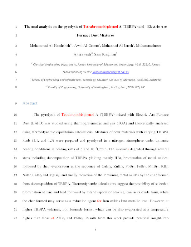 Thermal analysis on the pyrolysis of tetrabromobisphenol A (TBBPA) and Electric Arc Furnace Dust mixtures Thumbnail