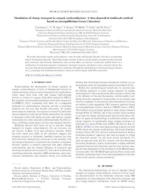 Simulation of charge transport in organic semiconductors: a time-dependent multiscale method based on nonequilibrium Green's functions Thumbnail