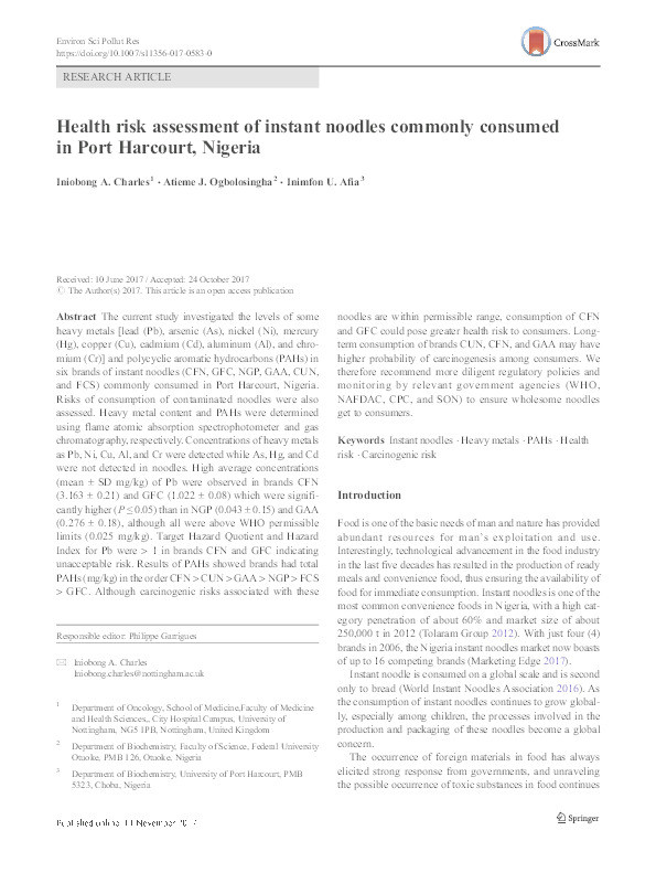 Health risk assessment of instant noodles commonly consumed in Port Harcourt, Nigeria Thumbnail