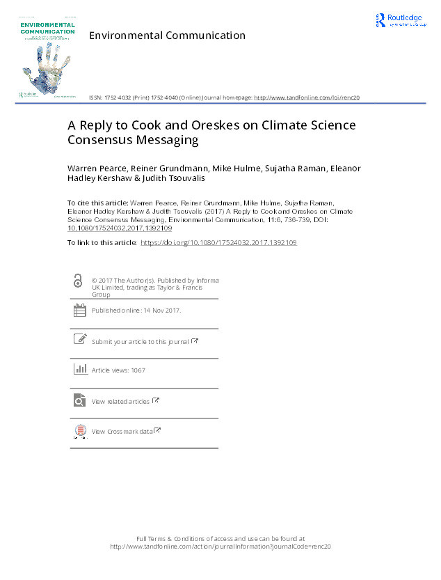 A reply to Cook and Oreskes on climate science consensus messaging Thumbnail