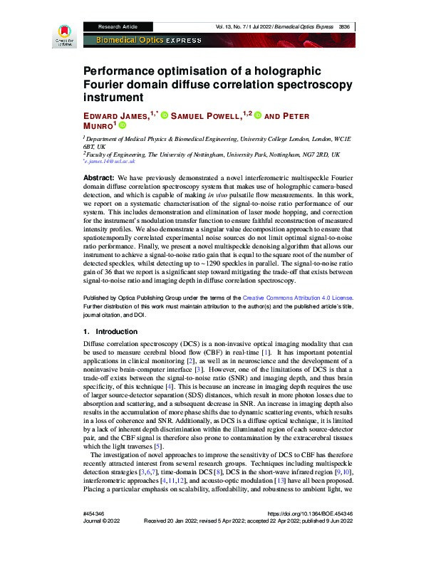 Performance optimisation of a holographic Fourier domain diffuse correlation spectroscopy instrument Thumbnail