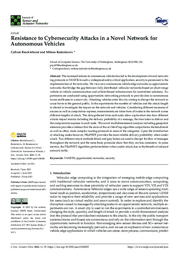 Resistance to Cybersecurity Attacks in a Novel Network for Autonomous Vehicles Thumbnail