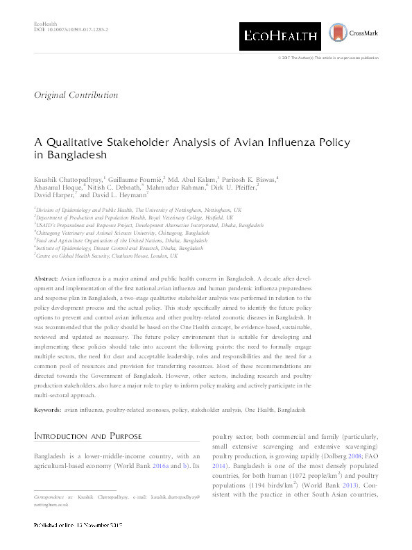 A Qualitative Stakeholder Analysis of Avian Influenza Policy in Bangladesh Thumbnail