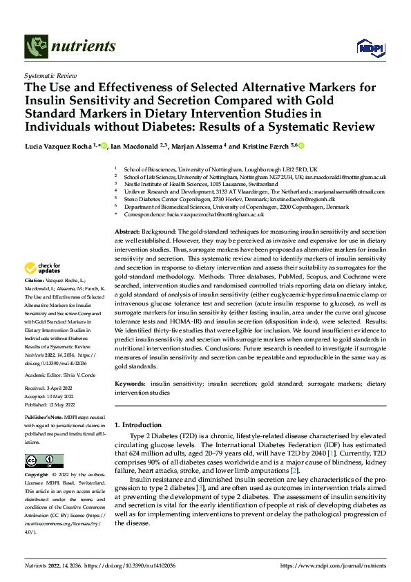 The Use and Effectiveness of Selected Alternative Markers for Insulin Sensitivity and Secretion Compared with Gold Standard Markers in Dietary Intervention Studies in Individuals without Diabetes: Results of a Systematic Review Thumbnail
