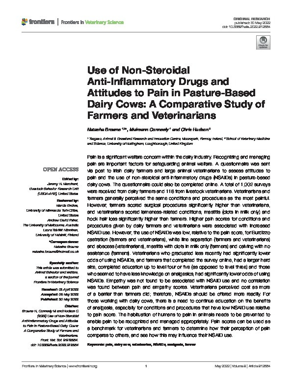 Use of Non-Steroidal Anti-Inflammatory Drugs and Attitudes to Pain in Pasture-Based Dairy Cows: A Comparative Study of Farmers and Veterinarians Thumbnail