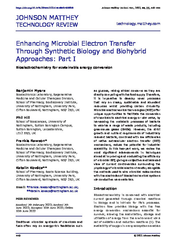 Enhancing Microbial Electron Transfer through Synthetic Biology and Biohybrid Approaches: Part I: Bioelectrochemistry for sustainable energy conversion Thumbnail