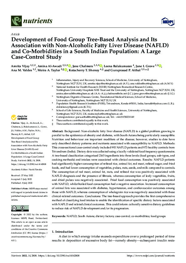 Development of Food Group Tree-Based Analysis and Its Association with Non-Alcoholic Fatty Liver Disease (NAFLD) and Co-Morbidities in a South Indian Population: A Large Case-Control Study Thumbnail