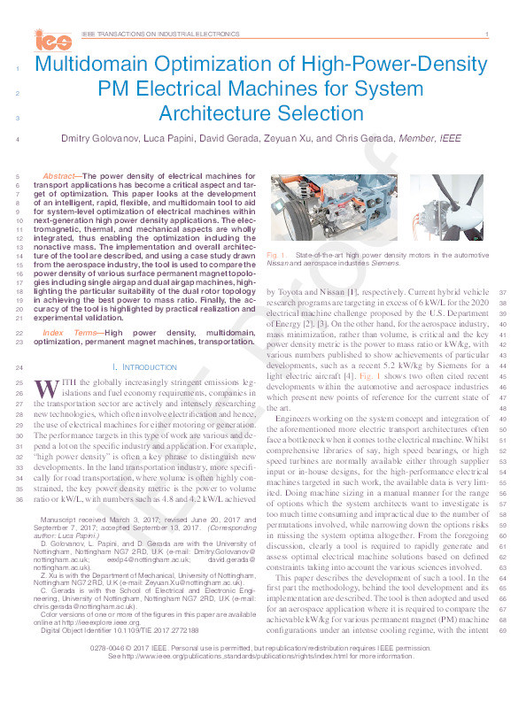 Multi-domain optimization of high power-density PM electrical machines for system architecture selection Thumbnail