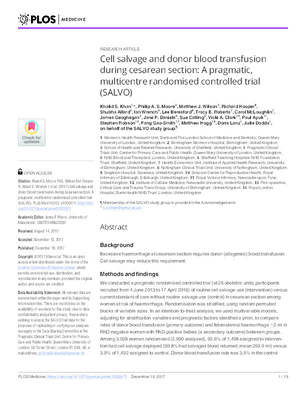Cell salvage and donor blood transfusion during Caesarean section: a pragmatic multicentre randomised controlled trial (SALVO) Thumbnail