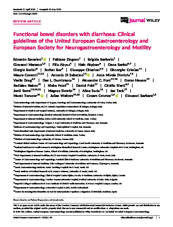 Functional bowel disorders with diarrhoea: Clinical guidelines of the United European Gastroenterology and European Society for Neurogastroenterology and Motility Thumbnail