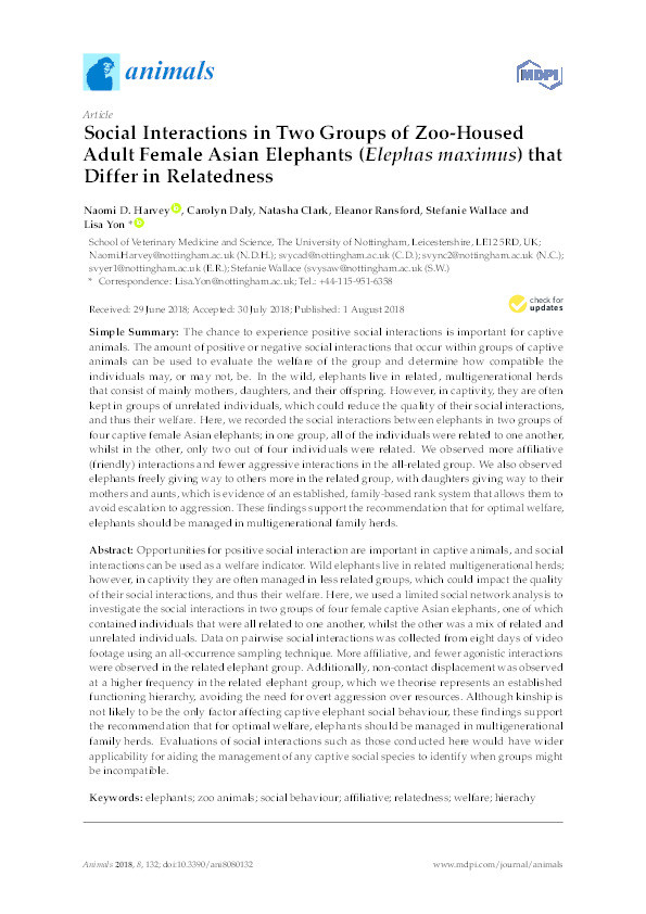 Social interactions in two groups of zoo-housed adult female Asian elephants (Elephas maximus) that differ in relatedness Thumbnail