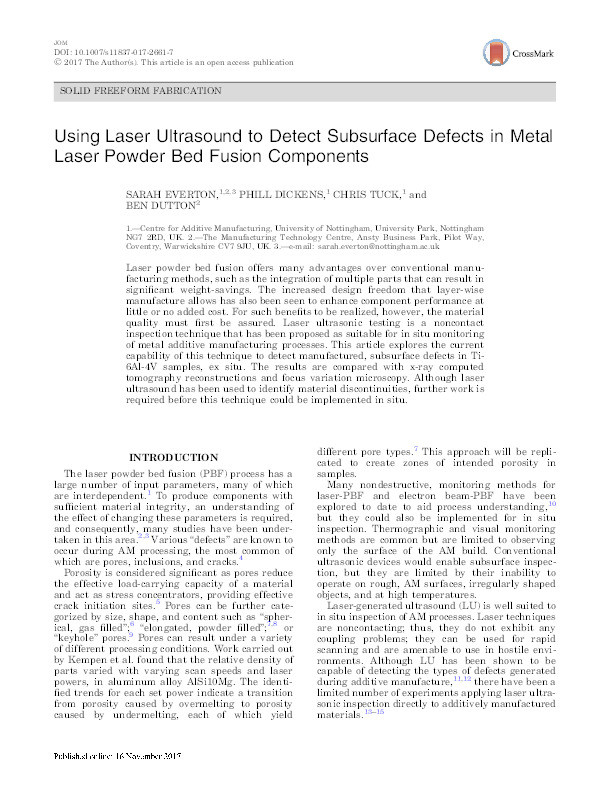 Using laser ultrasound to detect sub-surface defects in metal laser powder bed fusion components Thumbnail