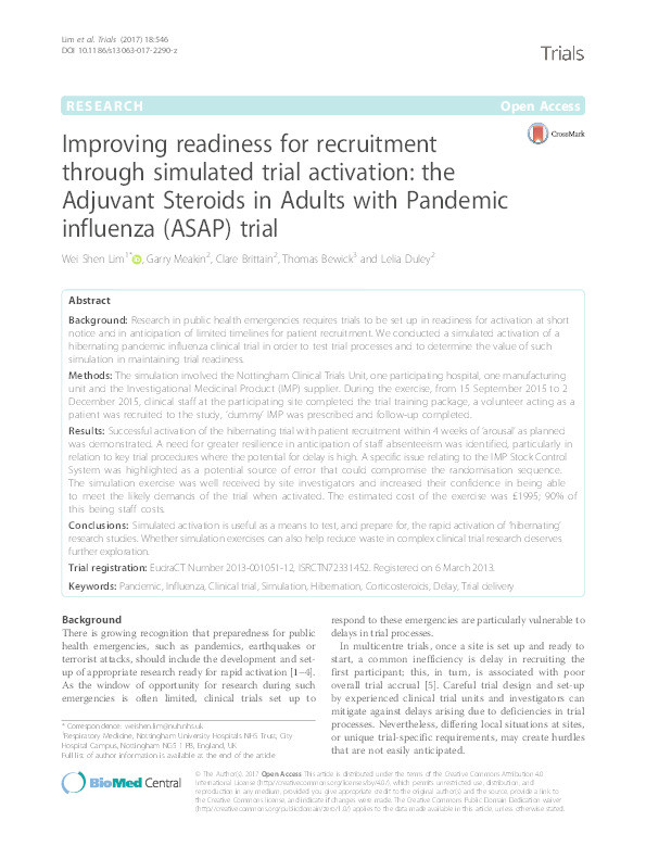 Improving readiness for recruitment through simulated trial activation: the Adjuvant Steroids in Adults with Pandemic influenza (ASAP) trial Thumbnail