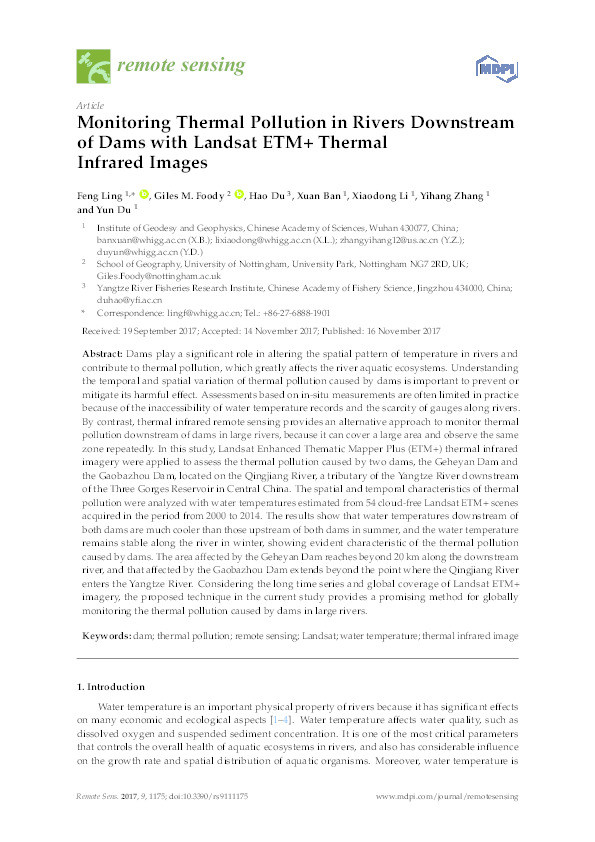 Monitoring thermal pollution in rivers downstream of dams with Landsat ETM+ thermal infrared images Thumbnail