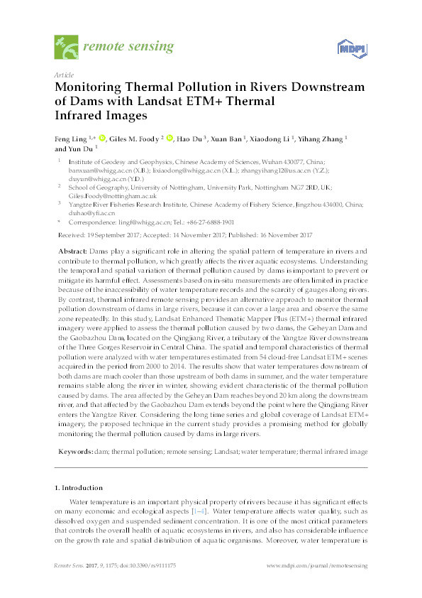 Monitoring thermal pollution in rivers downstream of dams with Landsat ETM+ thermal infrared images Thumbnail