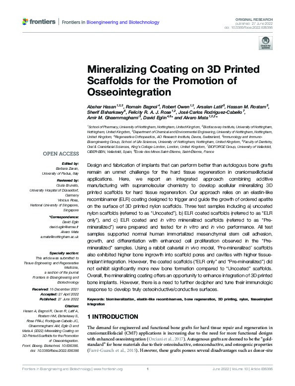Mineralizing Coating on 3D Printed Scaffolds for the Promotion of Osseointegration Thumbnail