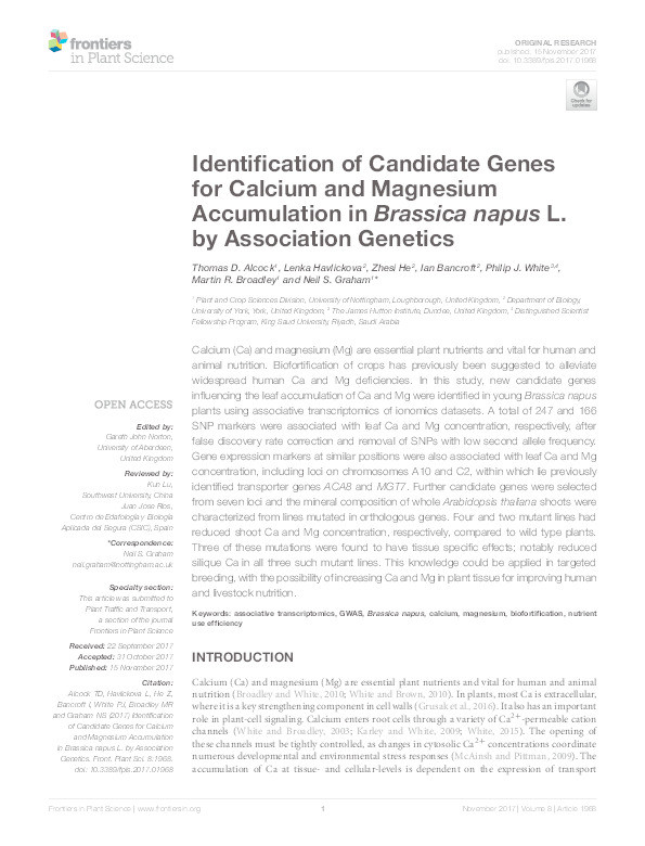 Identification of candidate genes for calcium and magnesium accumulation in Brassica napus L. by association genetics Thumbnail