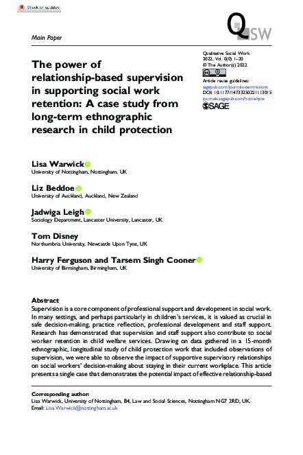 The power of relationship-based supervision in supporting social work retention: A case study from long-term ethnographic research in child protection Thumbnail