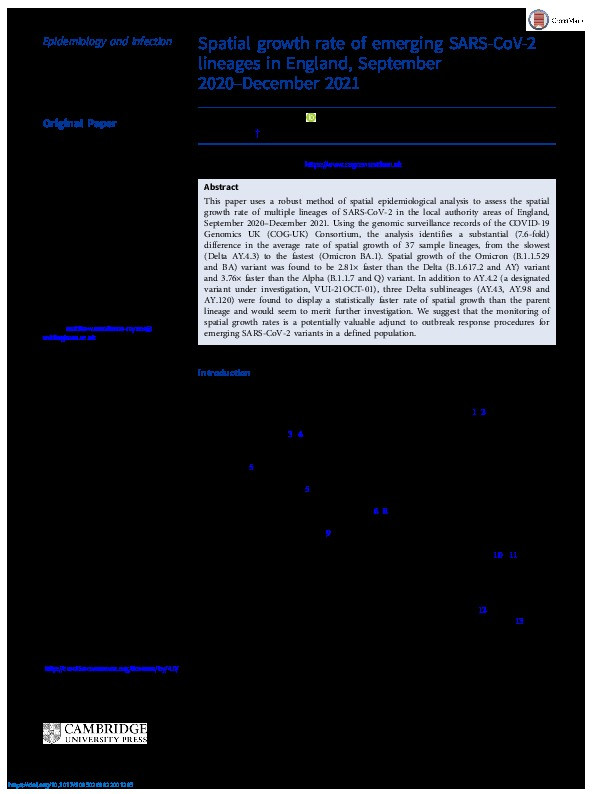 Spatial Growth Rate of Emerging SARS-CoV-2 Lineages in England, September 2020-December 2021 Thumbnail