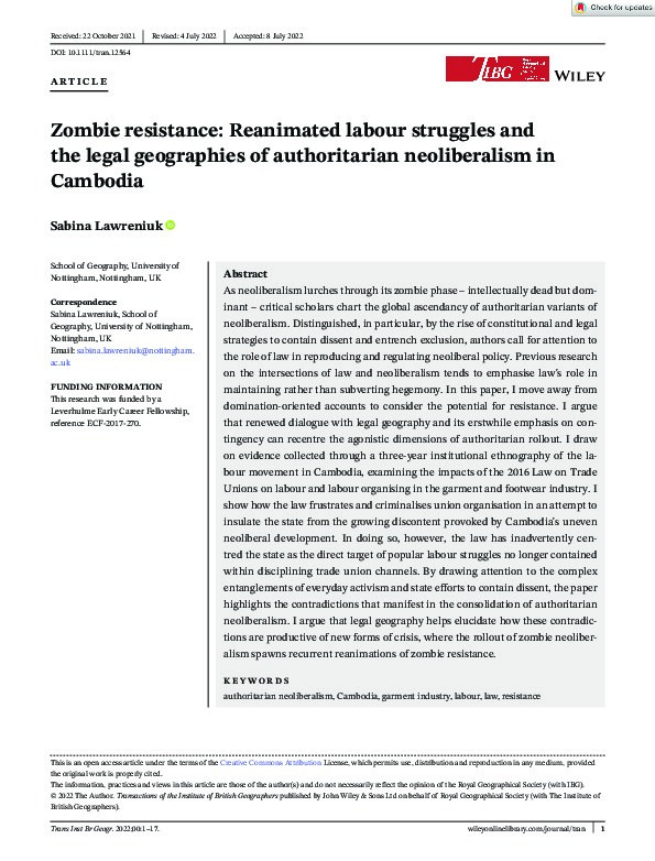 Zombie resistance: Reanimated labour struggles and the legal geographies of authoritarian neoliberalism in Cambodia Thumbnail