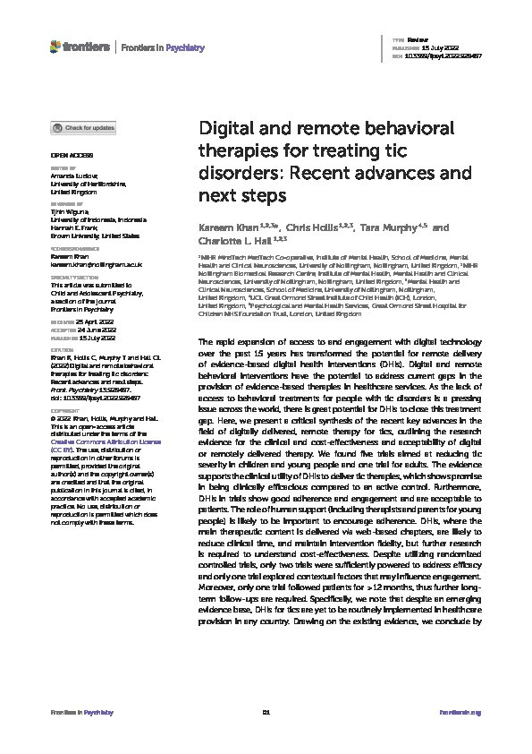 Digital and remote behavioral therapies for treating tic disorders: Recent advances and next steps Thumbnail