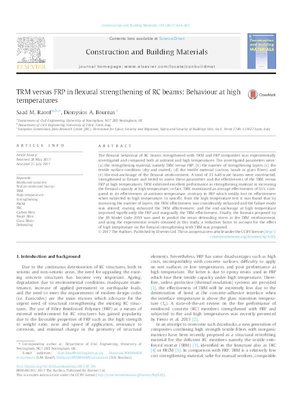 TRM versus FRP in flexural strengthening of RC beams: behaviour at high temperatures Thumbnail