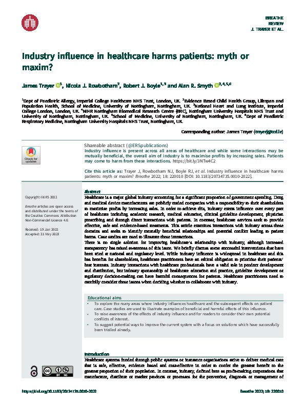 Industry influence in healthcare harms patients: myth or maxim? Thumbnail