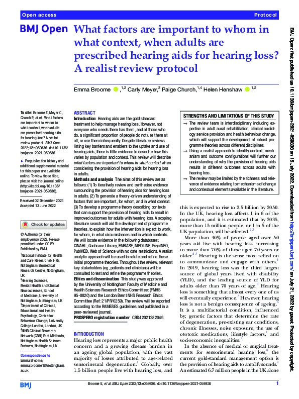 What factors are important to whom in what context, when adults are prescribed hearing aids for hearing loss? A realist review protocol Thumbnail