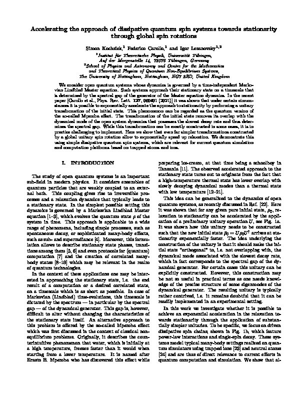 Accelerating the approach of dissipative quantum spin systems towards stationarity through global spin rotations Thumbnail