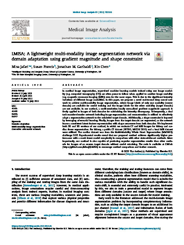 LMISA: A Lightweight Multi-modality Image Segmentation Network via Domain Adaptation using Gradient Magnitude and Shape Constraint Thumbnail