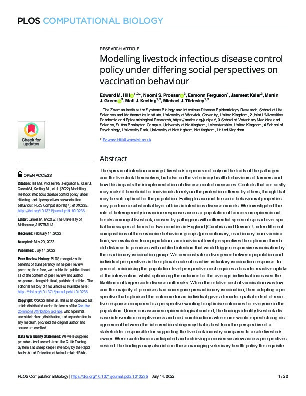 Modelling livestock infectious disease control policy under differing social perspectives on vaccination behaviour Thumbnail