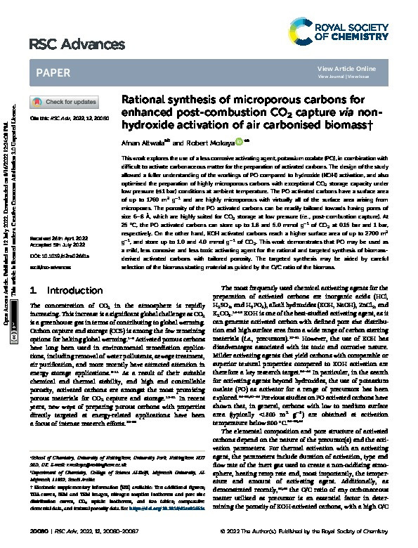 Rational synthesis of microporous carbons for enhanced post-combustion CO2 capture via non-hydroxide activation of air carbonised biomass Thumbnail