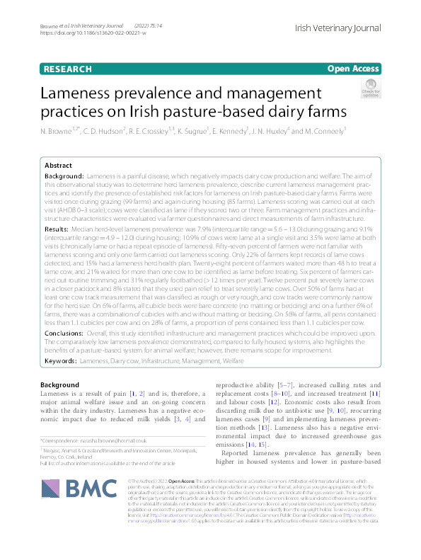 Lameness prevalence and management practices on Irish pasture-based dairy farms Thumbnail