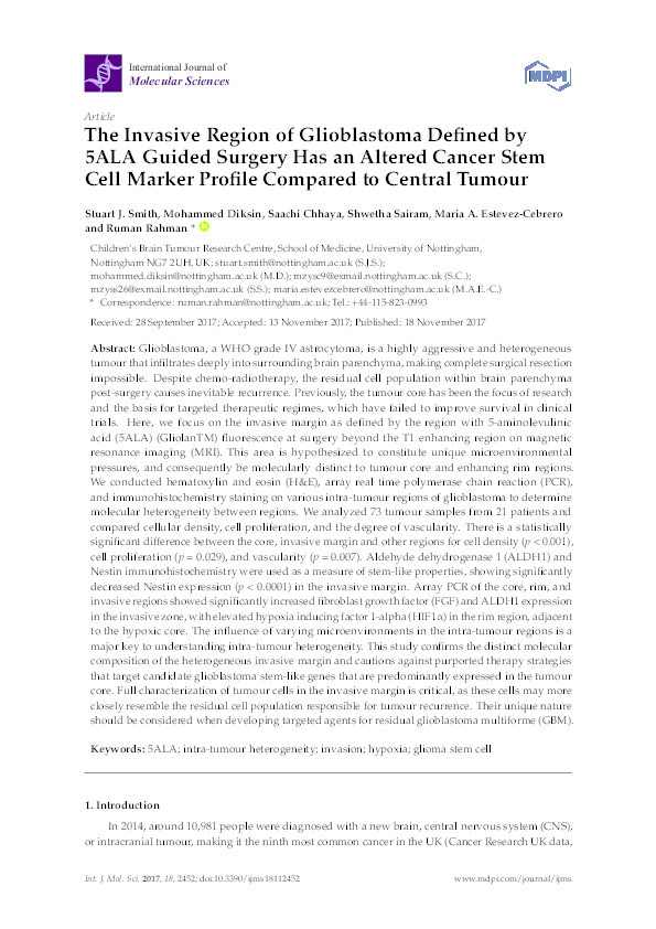 The invasive region of glioblastoma defined by 5ALA guided surgery has an altered cancer stem cell marker profile compared to central tumour Thumbnail